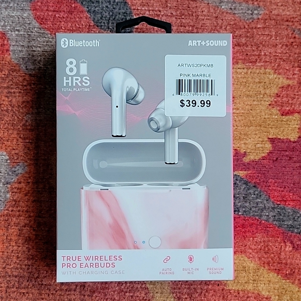 💗 ART + SOUND Bluetooth True Wireless Pro EarBuds Charging Case Pink Marble NIB